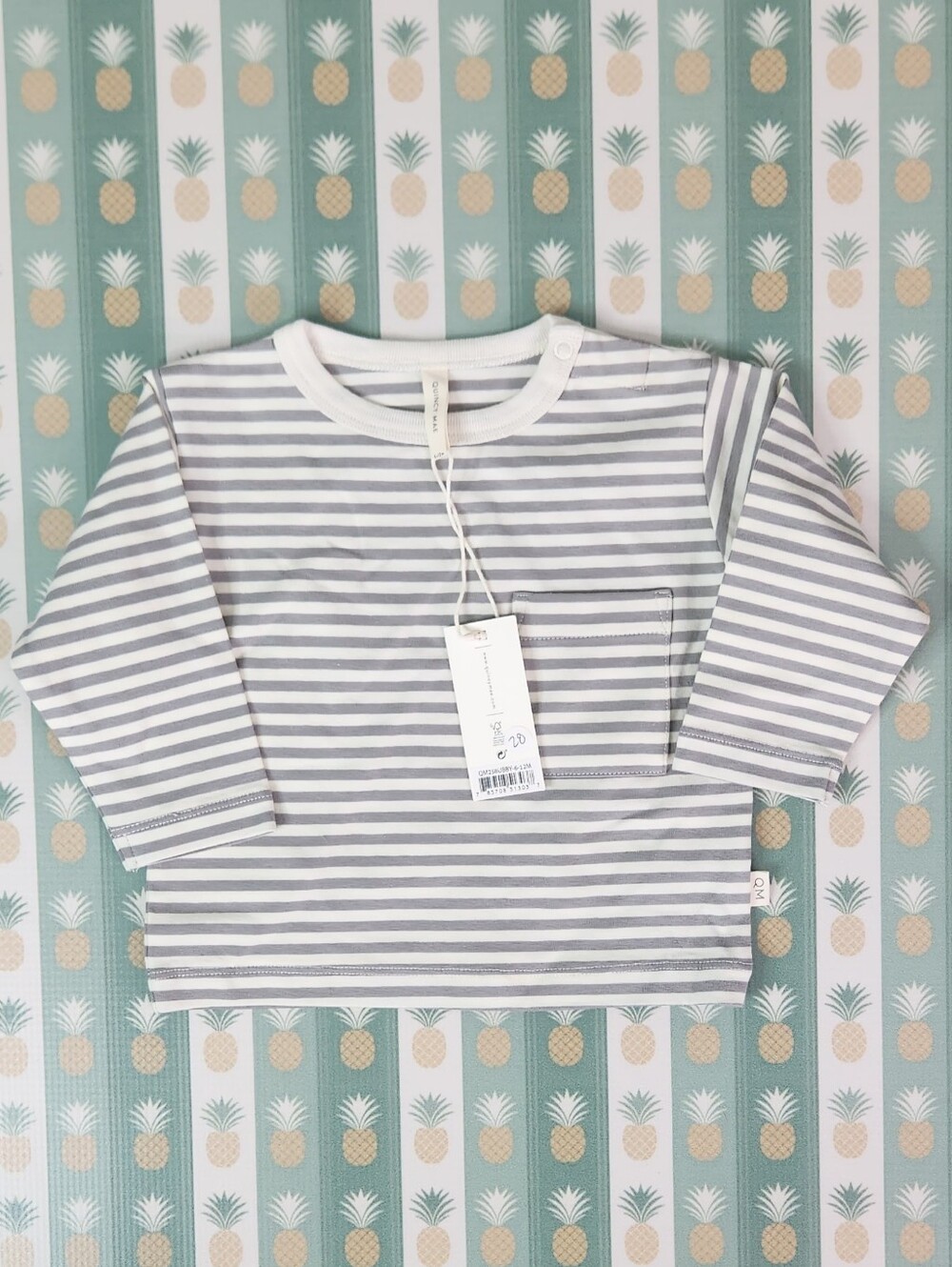Quincy Mae Gray & White Striped Long-Sleeve Tee with Chest Pocket